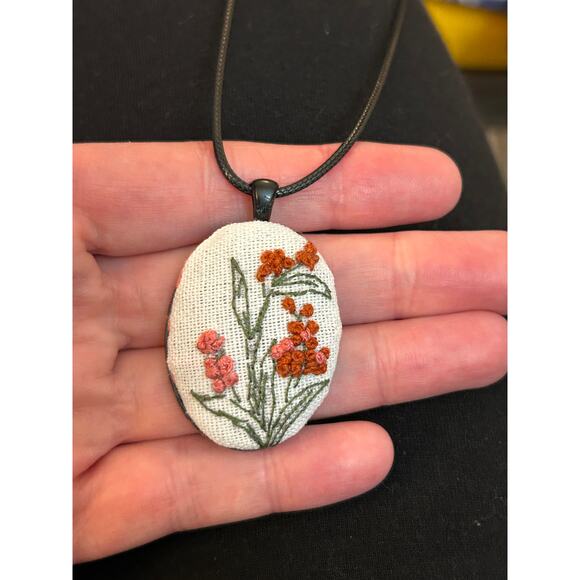 Delicate Maroon Embroidery Necklace Handmade Pendant Jewelry - Picture 3 of 5